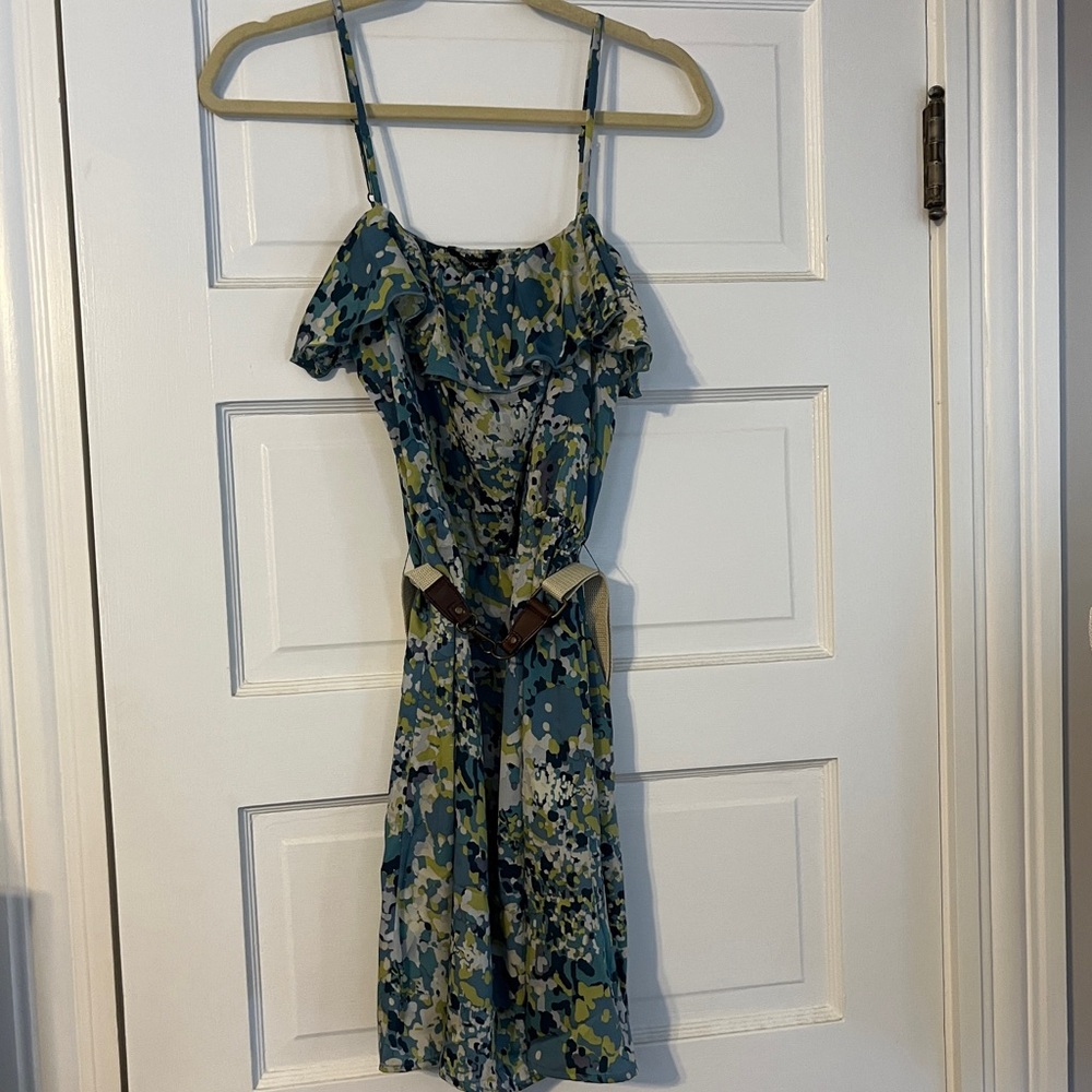 Daisy Fuentes dress petite small flowers blue green yellow ruffles belt